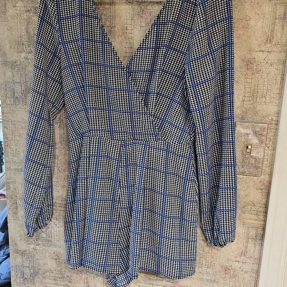 Blue and White Checkered Long Sleeve Romper
